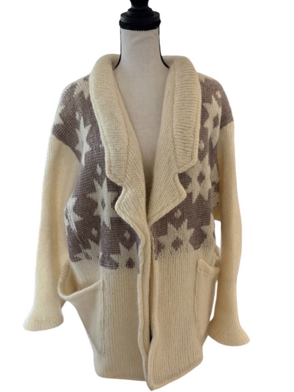 Vtg Women's Oversized Knit Cardigan Star Intarsia Shawl Collar Retro 2 Pocket M